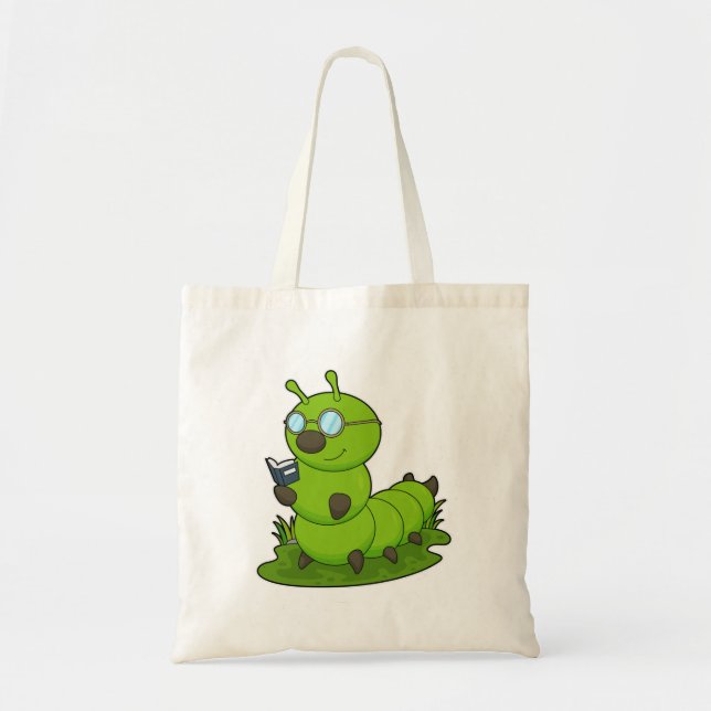Tote Bag Caterpillar Nerd avec lunettes et livre (Devant)