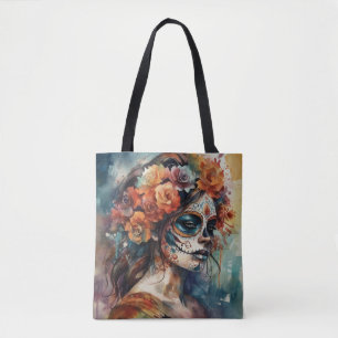 Tote Bag Catrina aquarelle Dia de los Muertos Crâne de Sucr
