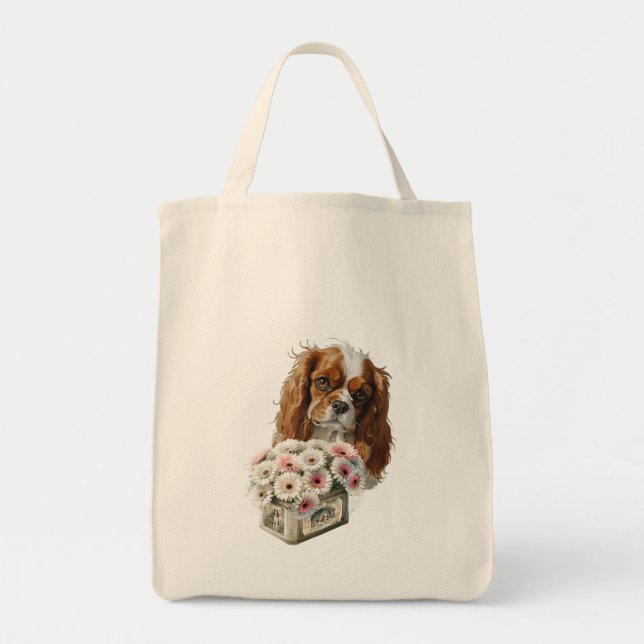 Tote Bag Cavalier le roi Charles Spaniel avec fleurs (Devant)