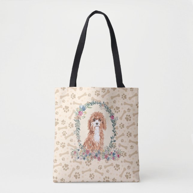 Tote Bag Cavapoo Chien Empreinte de patte & Chien Bone Cute (Devant)