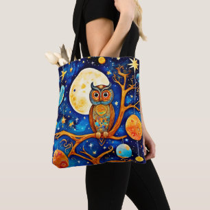 Tote Bag Céleste de Chouette lunaire : Étoiles, Lune, Planè