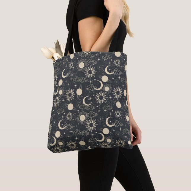 Tote Bag celestial space sun moon galaxy planet beige (De près)