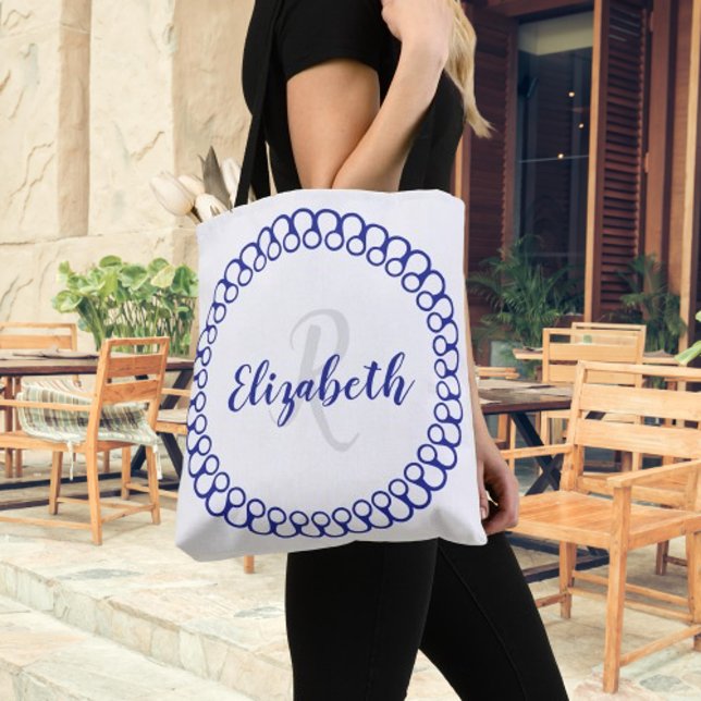 Tote Bag Cercle Décoratif Bleu Personnaliser Monogram Fourr (Blue Decorative Circle Personalize Monogram Tote Bag)