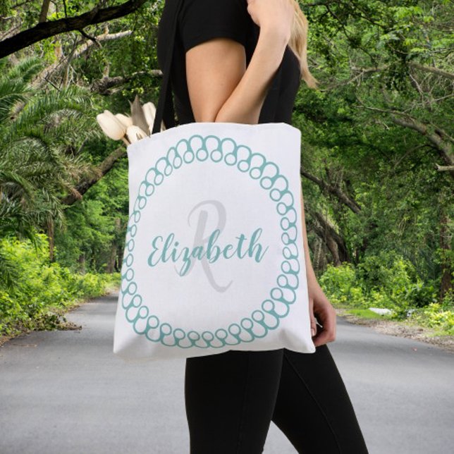 Tote Bag Cercle décoratif turquoise Personnaliser Monogram  (Teal Decorative Circle Personalize Monogram Tote Bag)