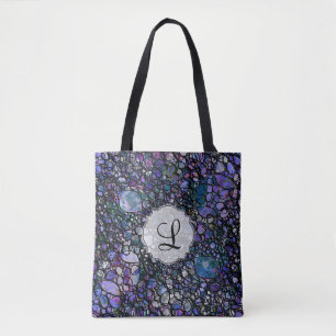 Tote Bag Cercles Abstraits en Monogramme Bleu Violet Noir