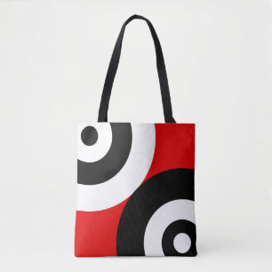 Tote Bag Cercles abstraits noir et blanc sur fond rouge
