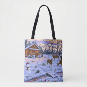 Tote Bag Cerf Cabine D'Hiver Dans La Scène De Noël De Neige