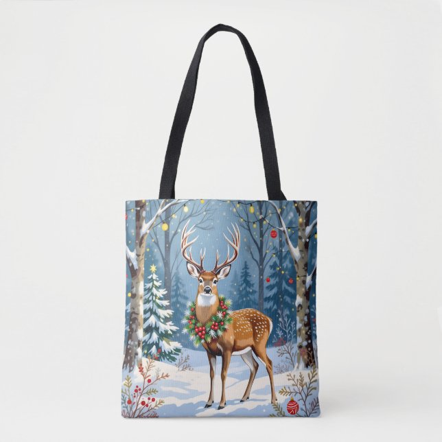 Tote Bag Cerf de Noël en forêt d'hiver festive (Devant)