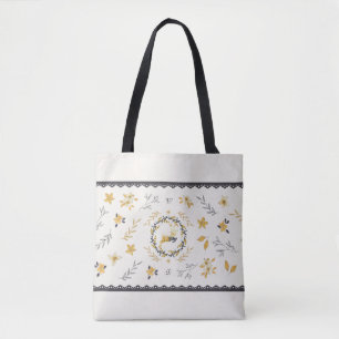 Tote Bag Cerf de Noël Jaune Crème Floral Bleu