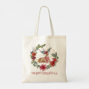 Tote Bag Cerf de Noël, typographie et couronne de fleurs