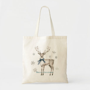 Tote Bag Cerf Flocons de Neige Noël Bleu Ruban