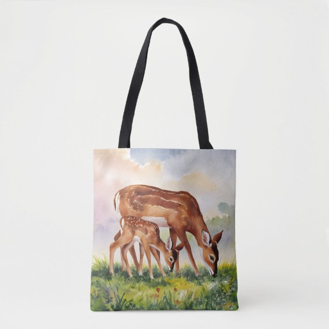 Tote Bag Cerf peint Mère et Bébé (Devant)