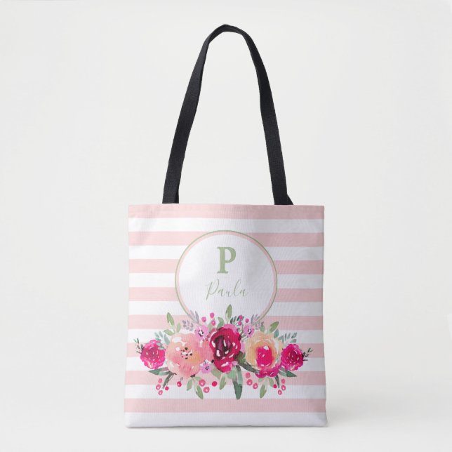 Tote Bag Cerise Aquarelle Florale Monogramme sur bandes ros (Devant)