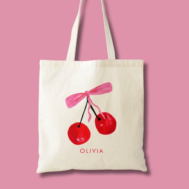 Tote Bag Cerise et Nœud Coquette (Coquette cherry and bow girly tote bag. Personalize with your own name or initials.)