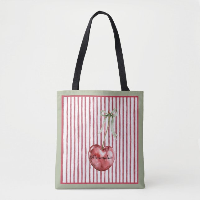 Tote Bag Cerise Rayures Rouges Crème Verte (Devant)