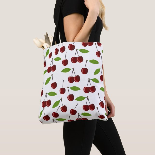Tote Bag Cerise Rouge, Motif De Cerises, Feuilles, Fruits (De près)
