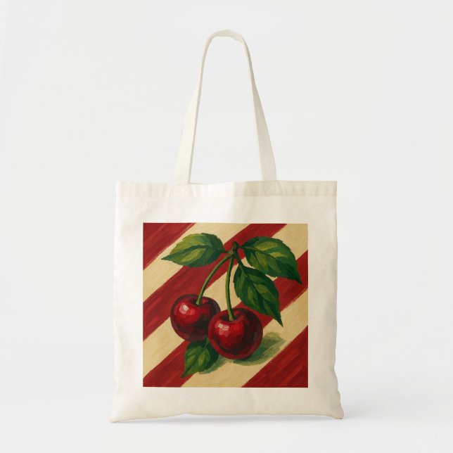Tote Bag Cerises avec Rouge rubis et rayures de crème (Devant)