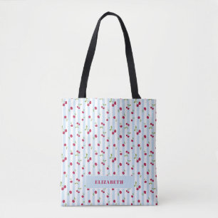 Tote Bag Cerises bleues rayées personnalisées Rétro Mignon