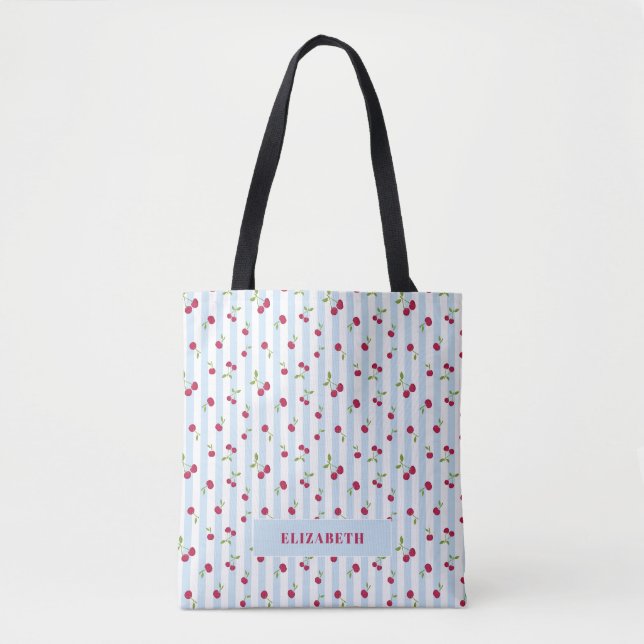 Tote Bag Cerises bleues rayées personnalisées Rétro Mignon (Devant)
