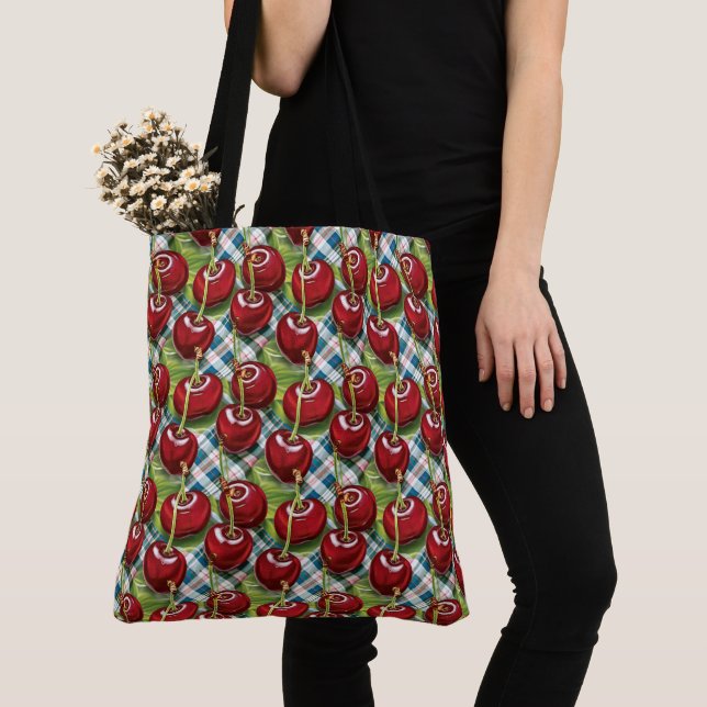 Tote Bag Cerises mignonnes À damiers milieu du siècle (De près)