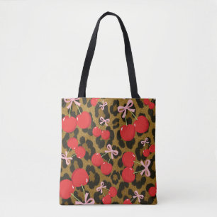 Tote Bag Cerises Rouges avec Impression Léopard Coquette à 