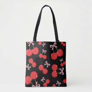 Tote Bag Cerises Rouges avec Nœud Rose Chic de Cottage Coqu