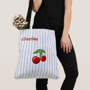 Tote Bag Cerises Rouges sur Rayures Bleues Personnalisées