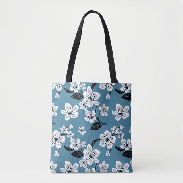 TOTE BAG CERISIER EN FLEURS - SAKURA (BLEU FUMÉ) (Devant)