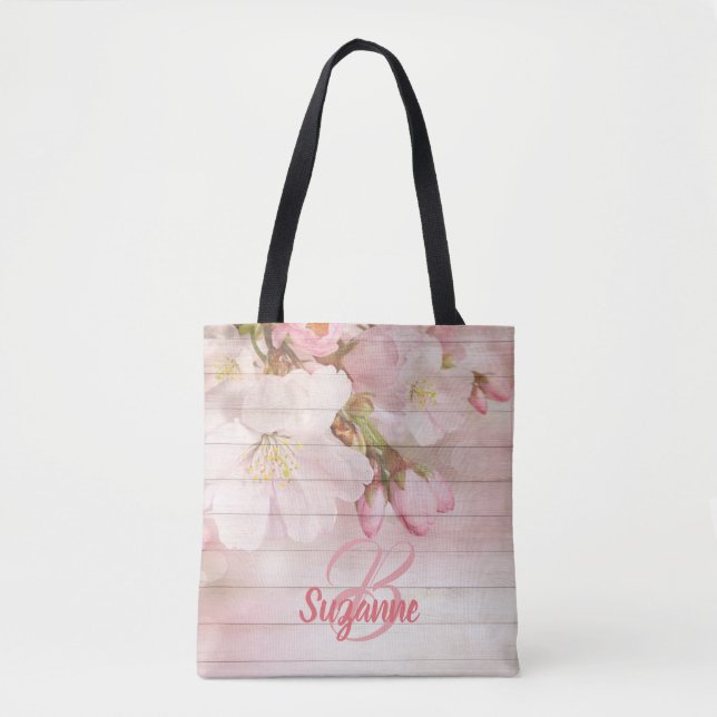 Tote Bag Cerisiers roses monogrammes en fleurs de girly pas (Devant)