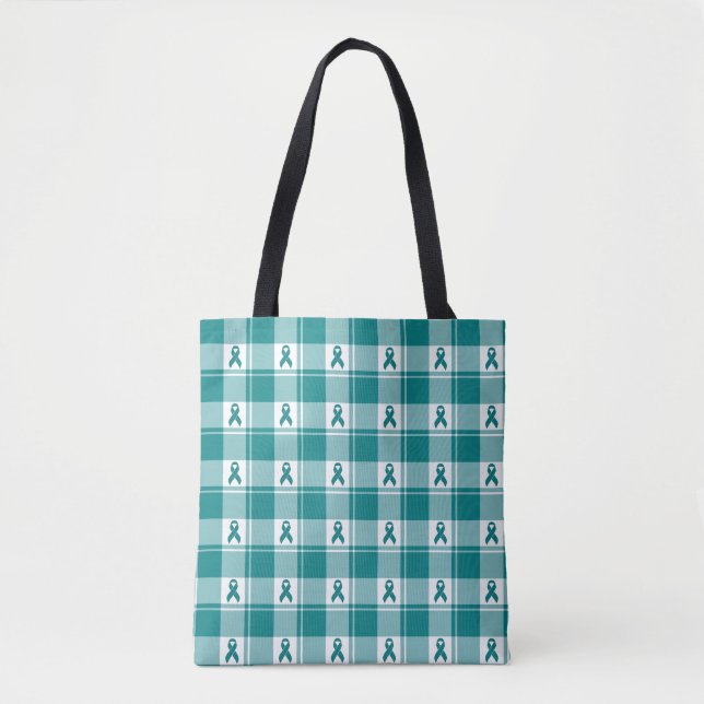 Tote Bag Cervical Cancer Awareness Plaid Tote, Teal Ribbon (Devant)