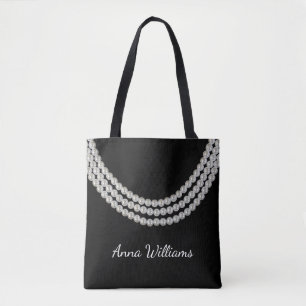 Tote Bag chaîne de perles blanches sur noir