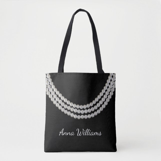 Tote Bag chaîne de perles blanches sur noir (Devant)