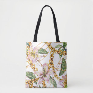 Tote Bag Chaînes d'or et Lys royaux : Elégance de l'aquarel