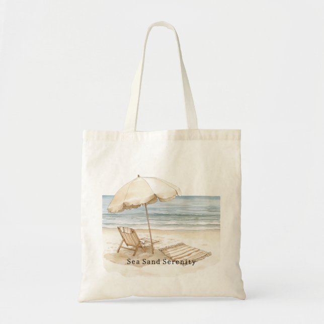 Tote Bag Chaise de plage à vue sur l'océan sable de mer sér (Devant)
