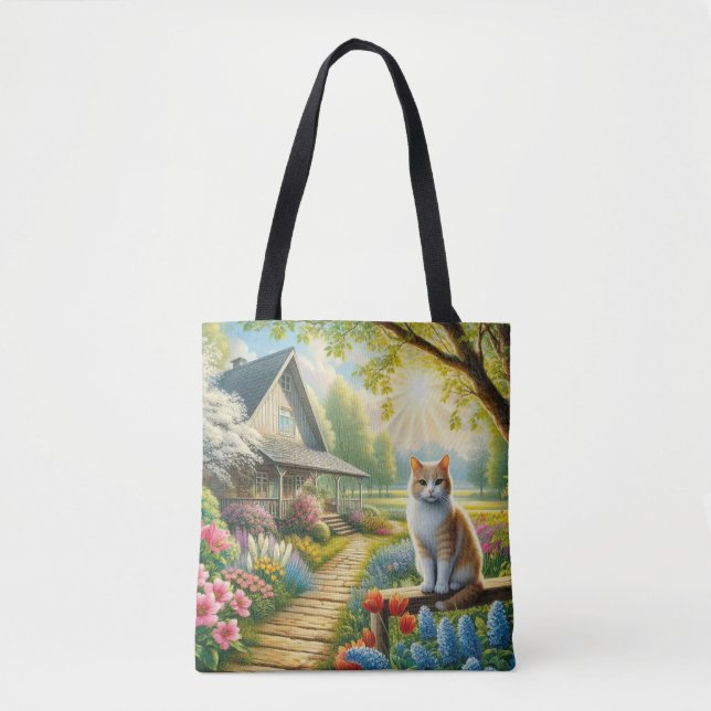 Tote Bag Chalet de printemps/jardin & chat (Devant)