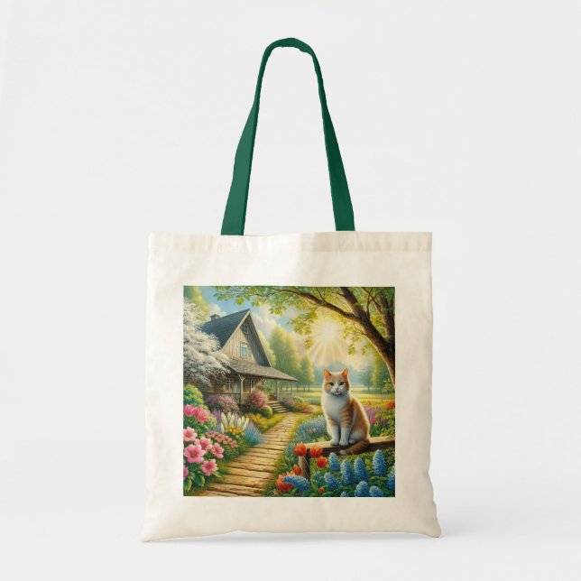 Tote Bag Chalet de printemps/jardin & chat (Devant)