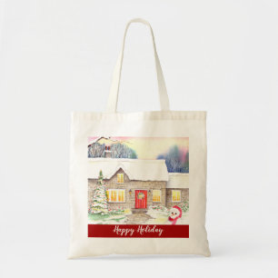 Tote Bag Chalet neigeux Aquarelle Peinture Joyeux vacances