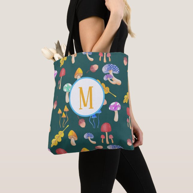Tote Bag Champignons de Forêt Whimsical | Monogramme (De près)