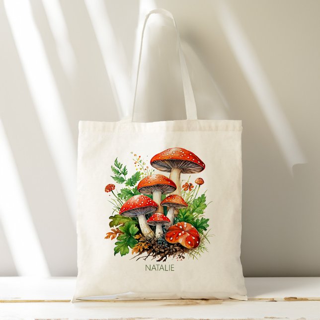Tote Bag Champignons de la forêt sauvage nom personnalisé (Wild forest mushrooms fungi personalized name tote bag aesthetic gifts for her Mushroom Lover Gift )