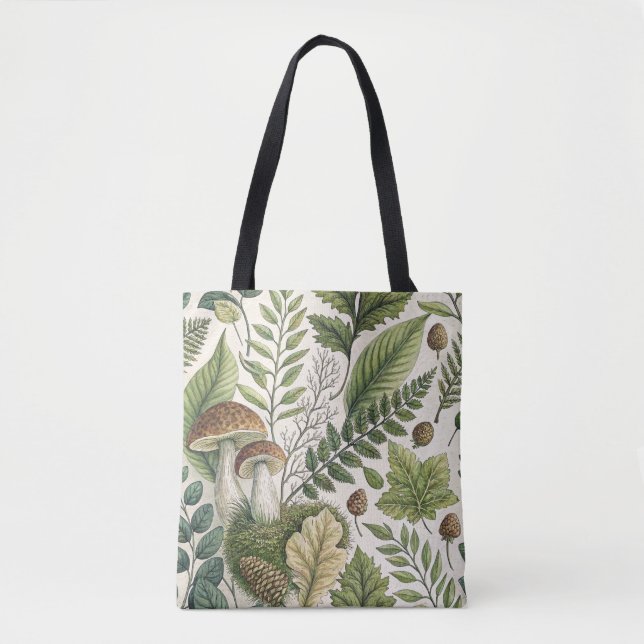 Tote Bag Champignons des bois Pinecones Ferns Motif d'autom (Devant)