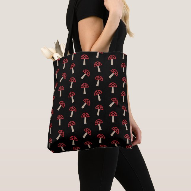 Tote Bag Champignons Fantaisistes Motif Rouge Et Noir (De près)