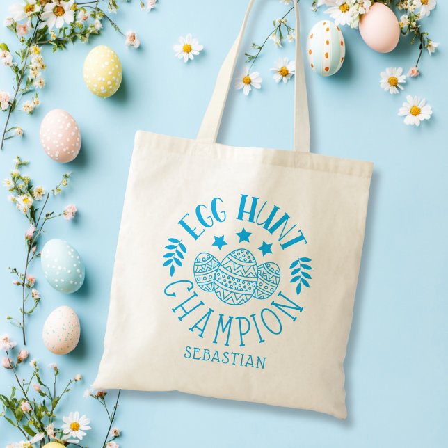 Tote Bag Champion de chasse aux oeufs de Pâques personnalis (Personalized Easter Egg Hunt Champion Boy Blue Tote Bag)