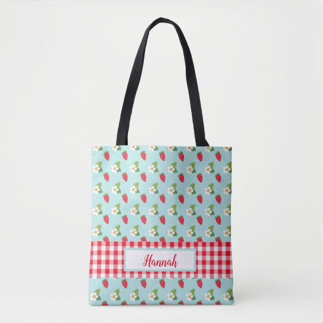 Tote Bag Champs de fraises - En vichy rouge Monogramme (Devant)