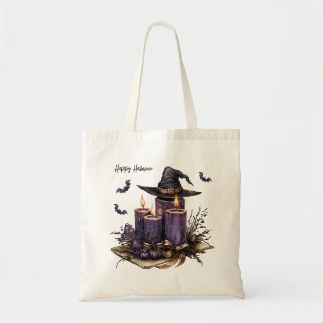 Tote Bag Chandelles violettes d'Halloween chauves-souris Éf (Devant)