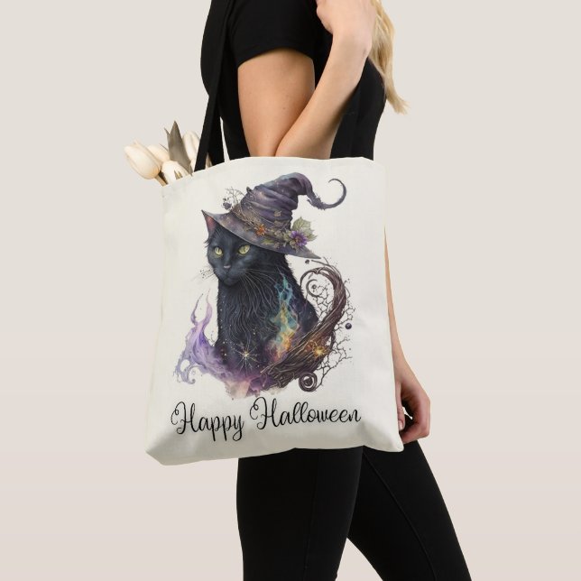 Tote Bag Chapeau de Sorcière Chat Noir Jaune Joyeux Hallowe (De près)
