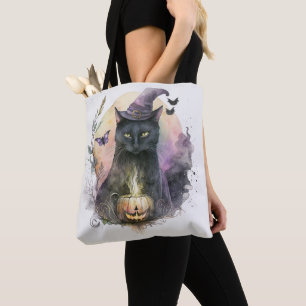 Tote Bag Chapeau de sorcière chat noir pleine lune blanche 