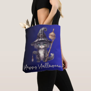 Tote Bag Chapeau de sorcière de chat noir Balai Bleu Joyeux