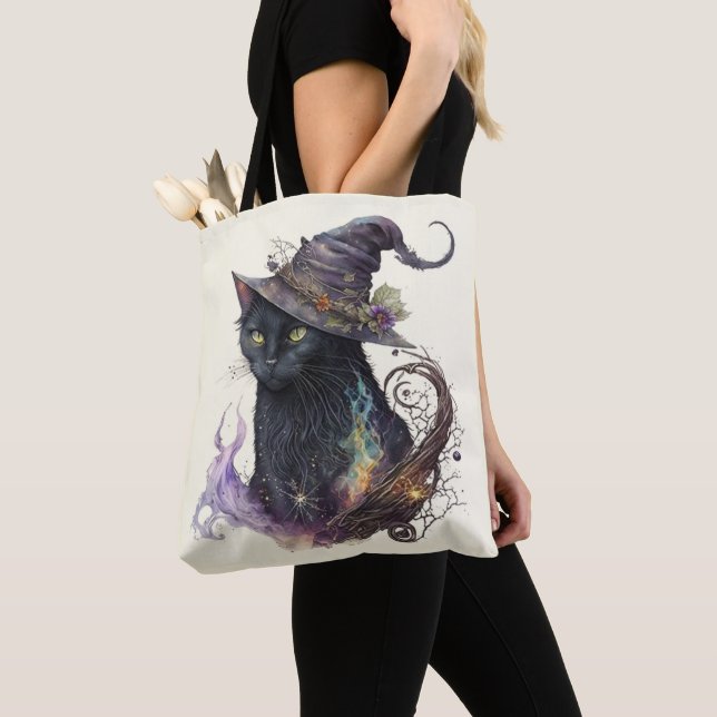 Tote Bag Chapeau de sorcière de chat noir jaune Halloween (De près)