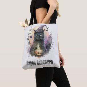 Tote Bag Chapeau de sorcière de chat noir Pleine lune Joyeu