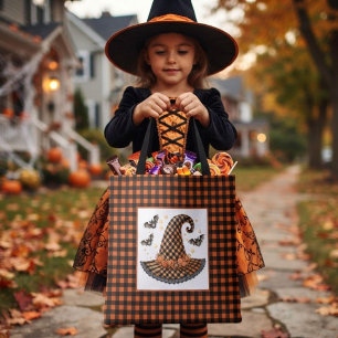 Tote Bag Chapeau de sorcière Halloween à carreaux orange et